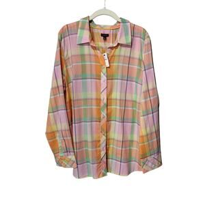NWT Talbots Women's Sz XL Peach Pastel Plaid Button Up Shirt Lightweight Spring